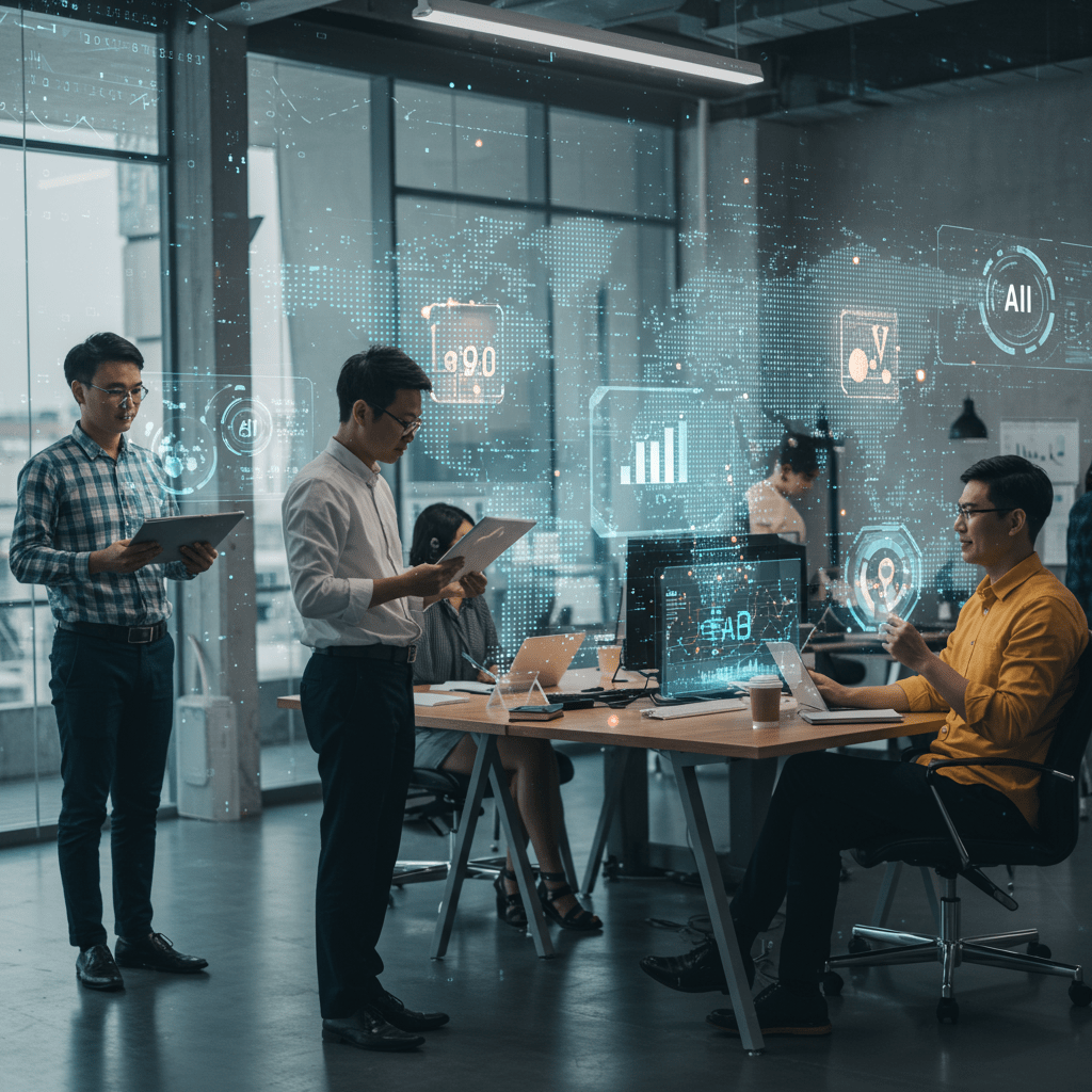 Diverse professionals collaborating with AI technology in a modern office, illustrating automation and global business growth for startups and SMEs