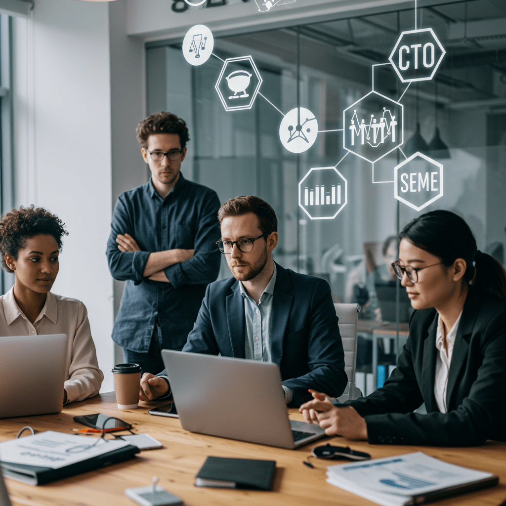 Diverse UK startup and SME professionals collaborating with a fractional CTO in a modern office with technology and innovation elements
