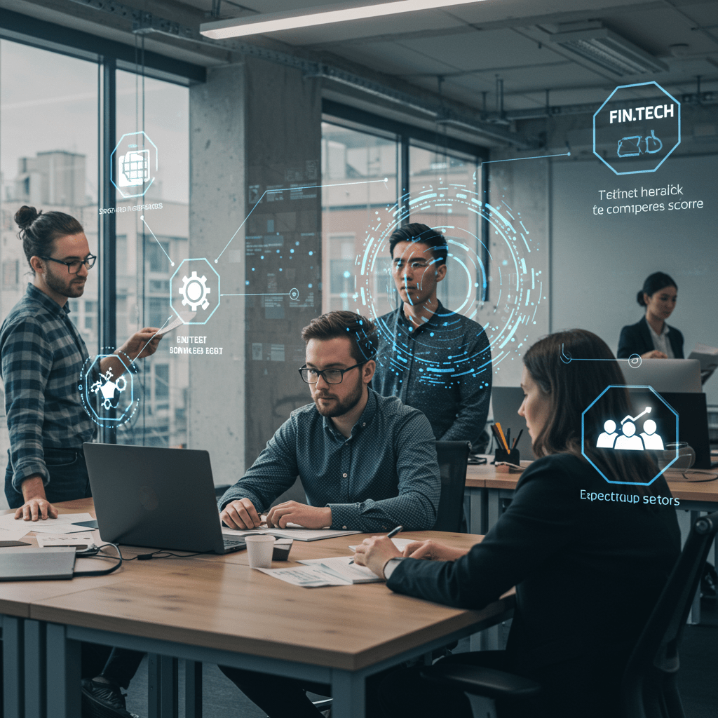 Diverse professionals collaborating in a modern office with digital technology overlays representing FinTech, HealthTech, E-commerce, and SaaS sectors, symbolising tailored CTO services for UK startups.