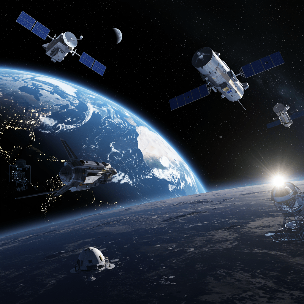 Futuristic space technology scene with advanced satellites orbiting Earth, a sleek spacecraft with solar sails, a space telescope, and a lunar base, symbolising innovation and exploration in space technology.