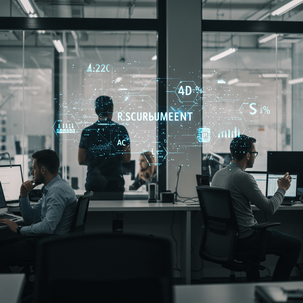 Diverse tech professionals collaborating in a modern office with digital technology elements representing tech recruitment and innovation in the UK