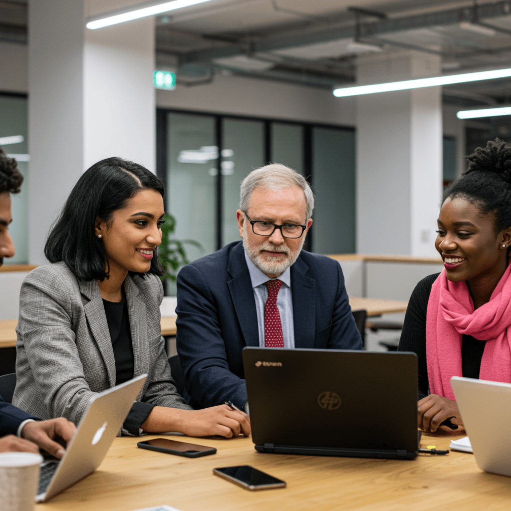 Diverse group of professionals collaborating in a modern office environment, discussing technology strategy and startup growth in the UK