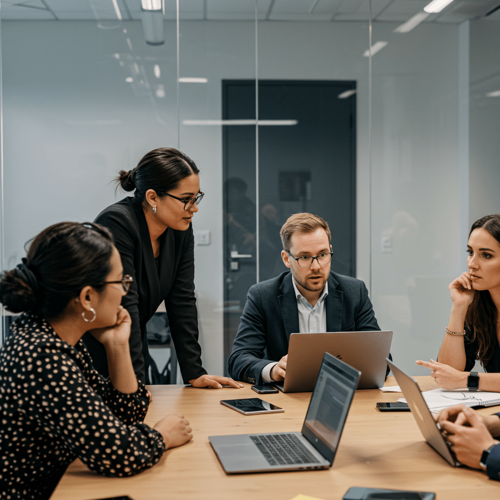 Diverse group of startup founders and a fractional CTO advisor discussing technology strategy in a modern office setting with laptops and digital devices, symbolising innovation and expert tech leadership for UK startups