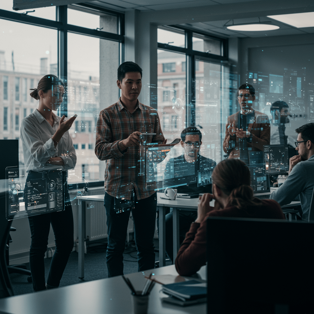 A diverse group of tech professionals collaborating in a modern office environment with digital technology and AI elements, symbolising resilience and crisis management in UK tech teams