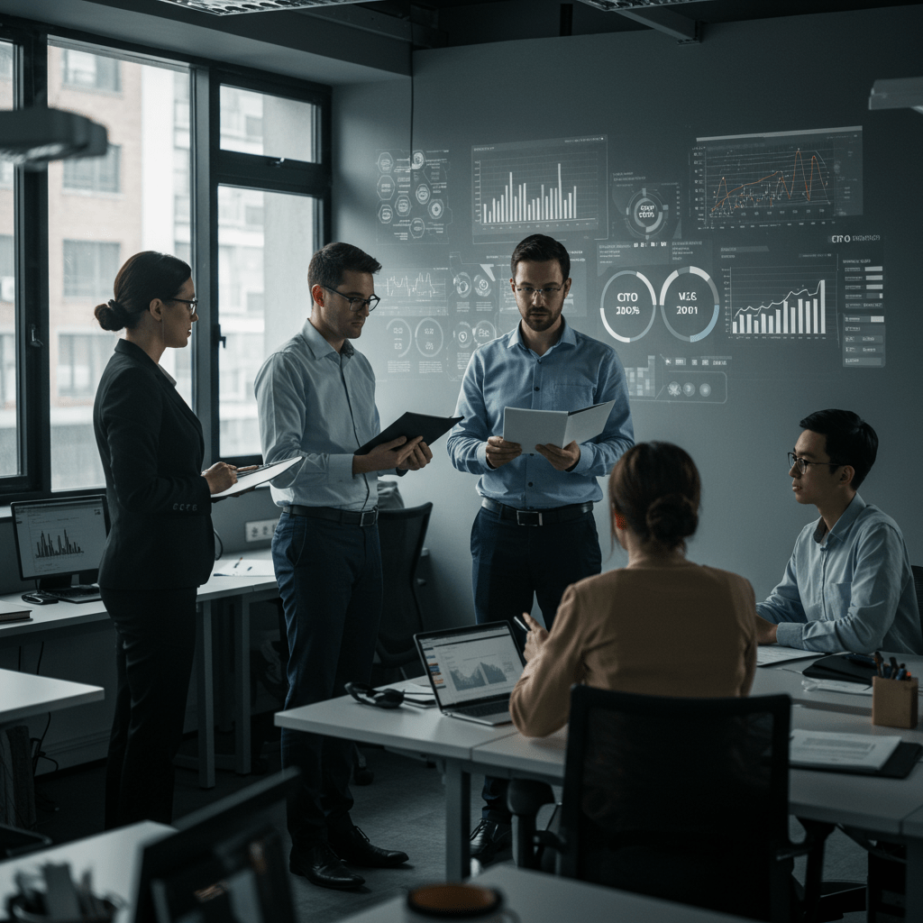 Diverse group of CTOs and tech leaders collaborating in a UK startup office with digital technology and data visualisations symbolising crisis management and technology recovery.
