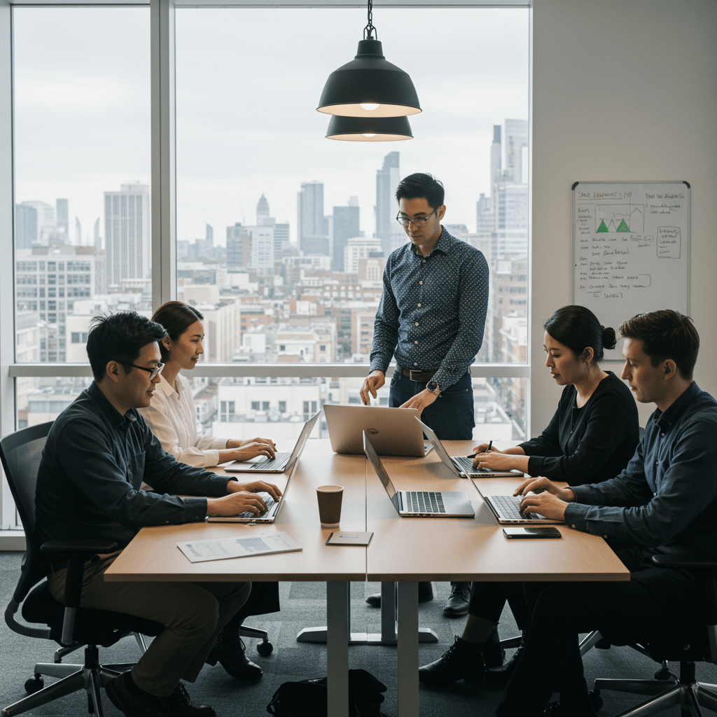 Diverse tech team collaborating in a modern office with a UK cityscape, representing tech leadership and talent retention in UK startups and SMEs