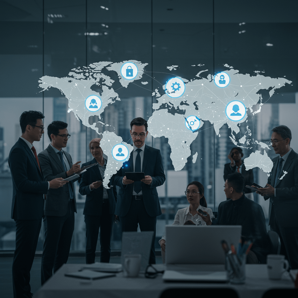 Diverse international business professionals collaborating with AI technology and a digital world map showing global AI agent connections in a modern office environment