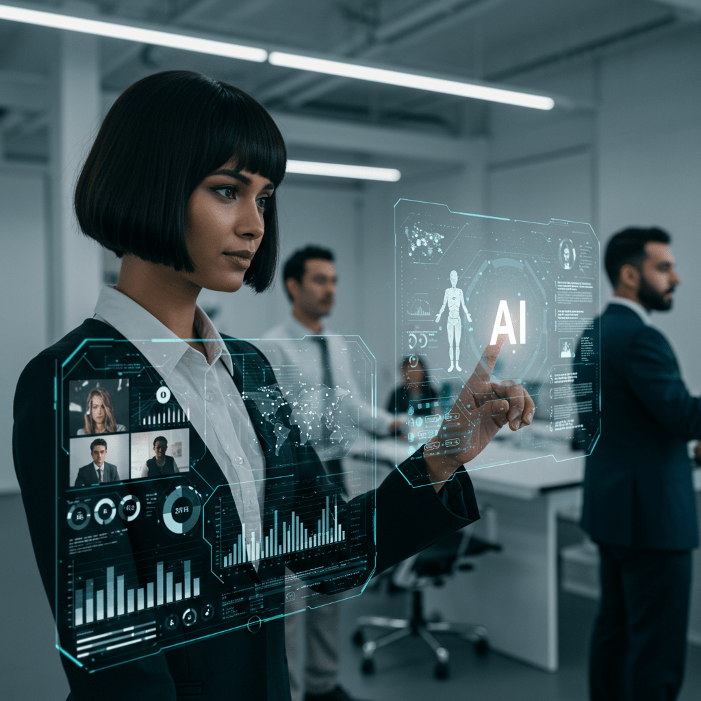 Diverse professionals interacting with AI technology and digital interfaces in a futuristic global business environment representing AI agents boosting business efficiency