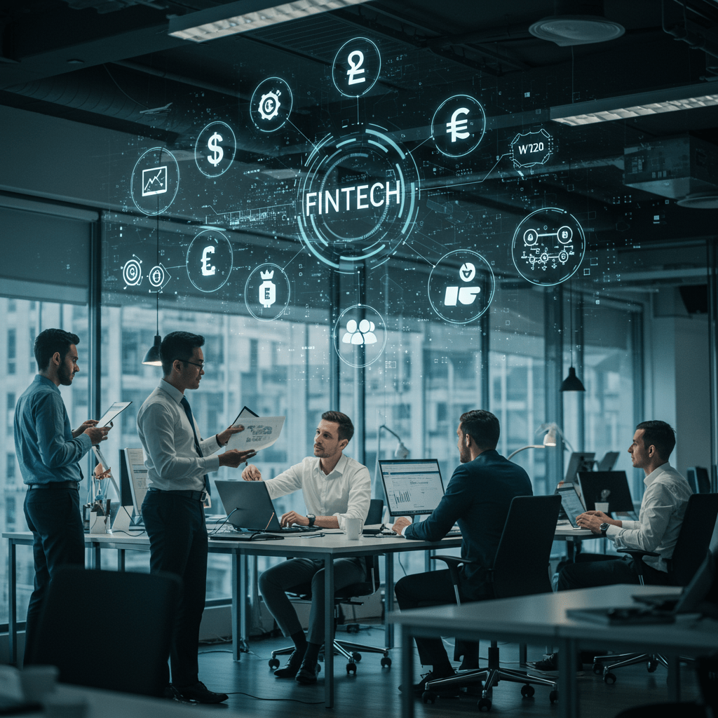 A modern office scene showing a diverse group of professionals collaborating on fintech technology, with digital financial icons and futuristic technology elements in the background, representing innovation, leadership, and technology strategy in UK fintech startups