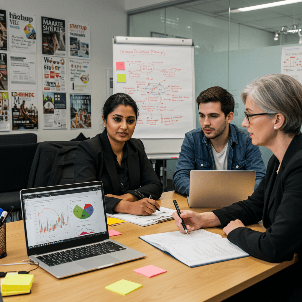 Diverse professionals collaborating in a modern office with technology and startup elements, representing fractional CTO services and tech leadership in UK startups
