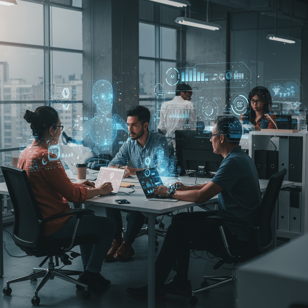 A futuristic office environment showing a diverse group of startup tech leaders collaborating with AI agents represented as holographic interfaces and digital assistants, symbolising AI-driven automation and strategic leadership in a modern startup setting.