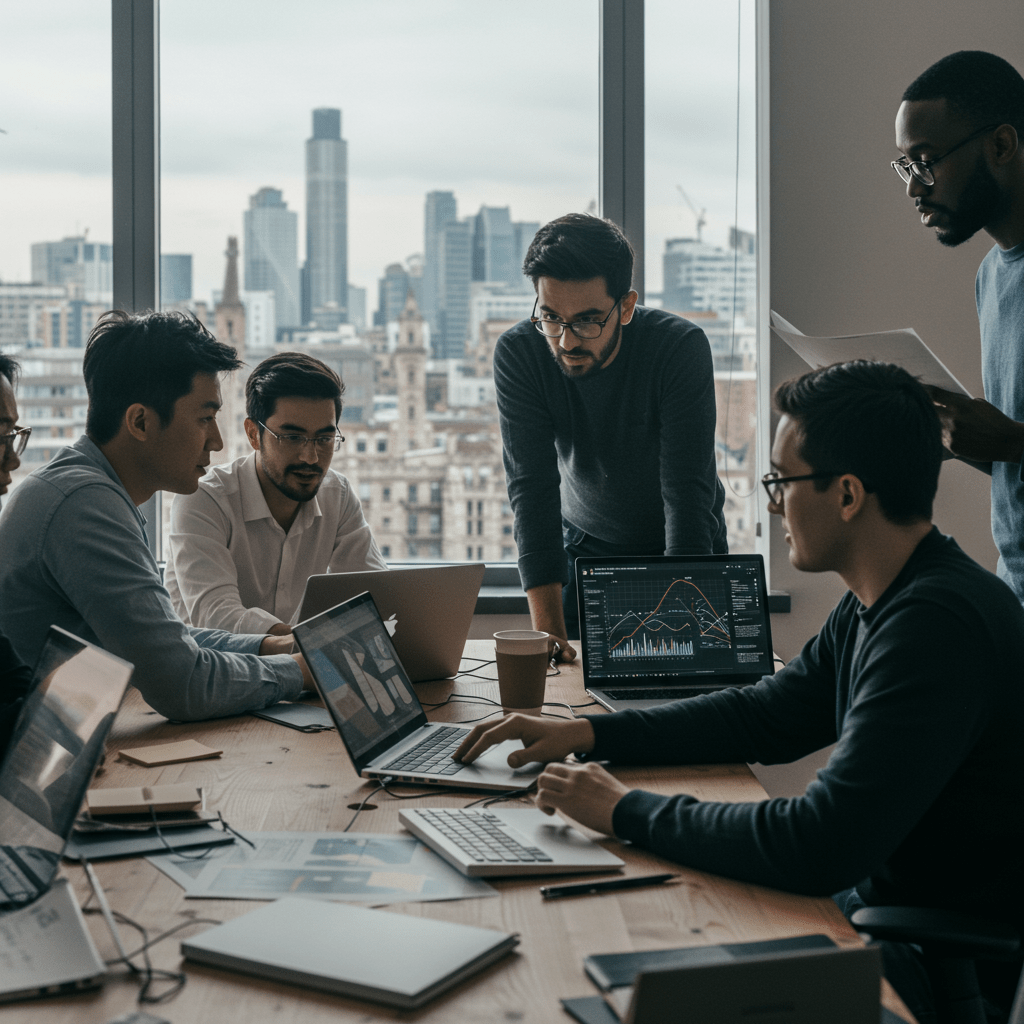 A diverse team of tech professionals collaborating in a modern office with digital screens and a UK cityscape, symbolising crisis management in UK startups.