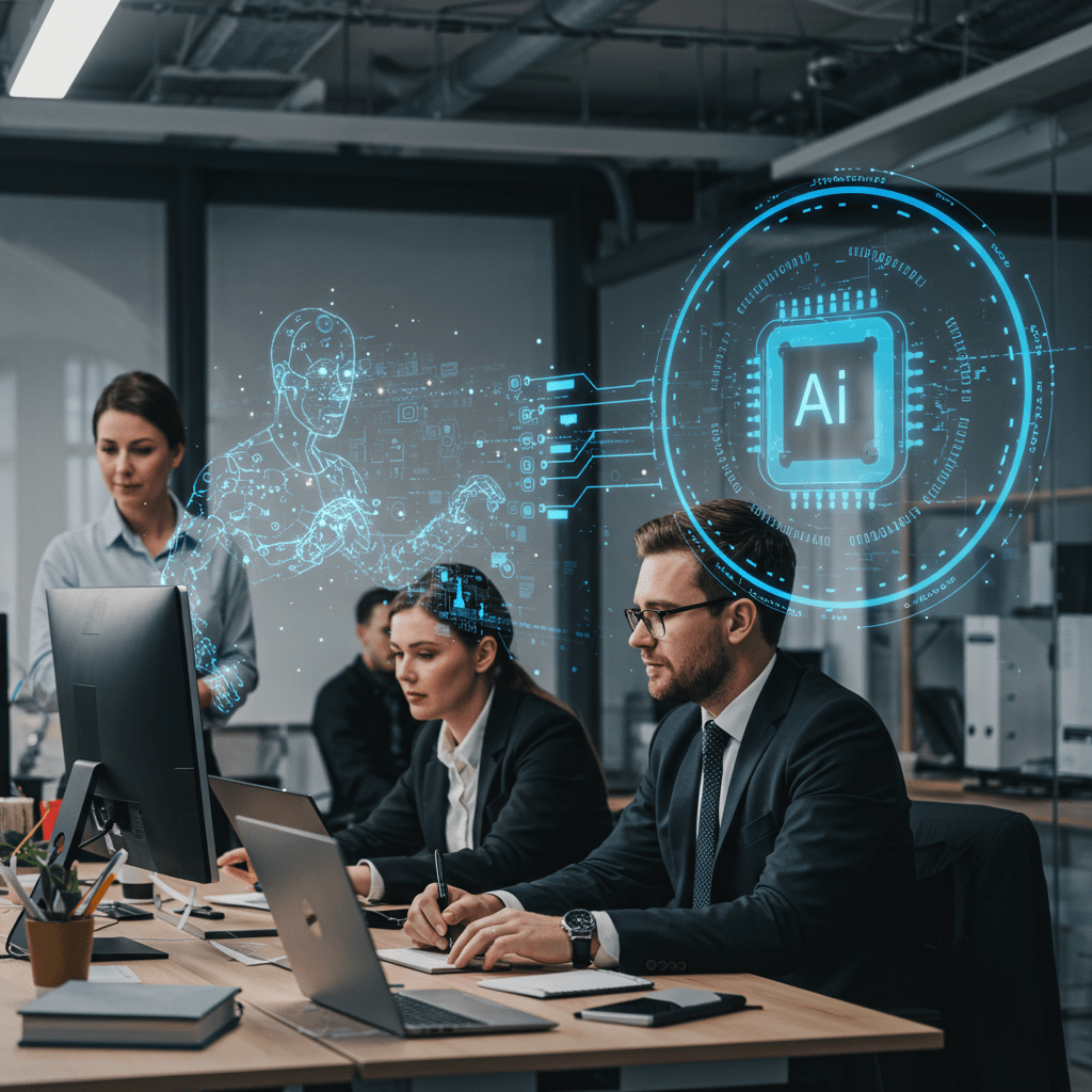 A modern UK SME office environment with diverse professionals collaborating, AI digital agents represented as holographic or futuristic interfaces assisting with tasks, symbolising AI-driven workplace transformation, innovation, and productivity enhancement in a business setting