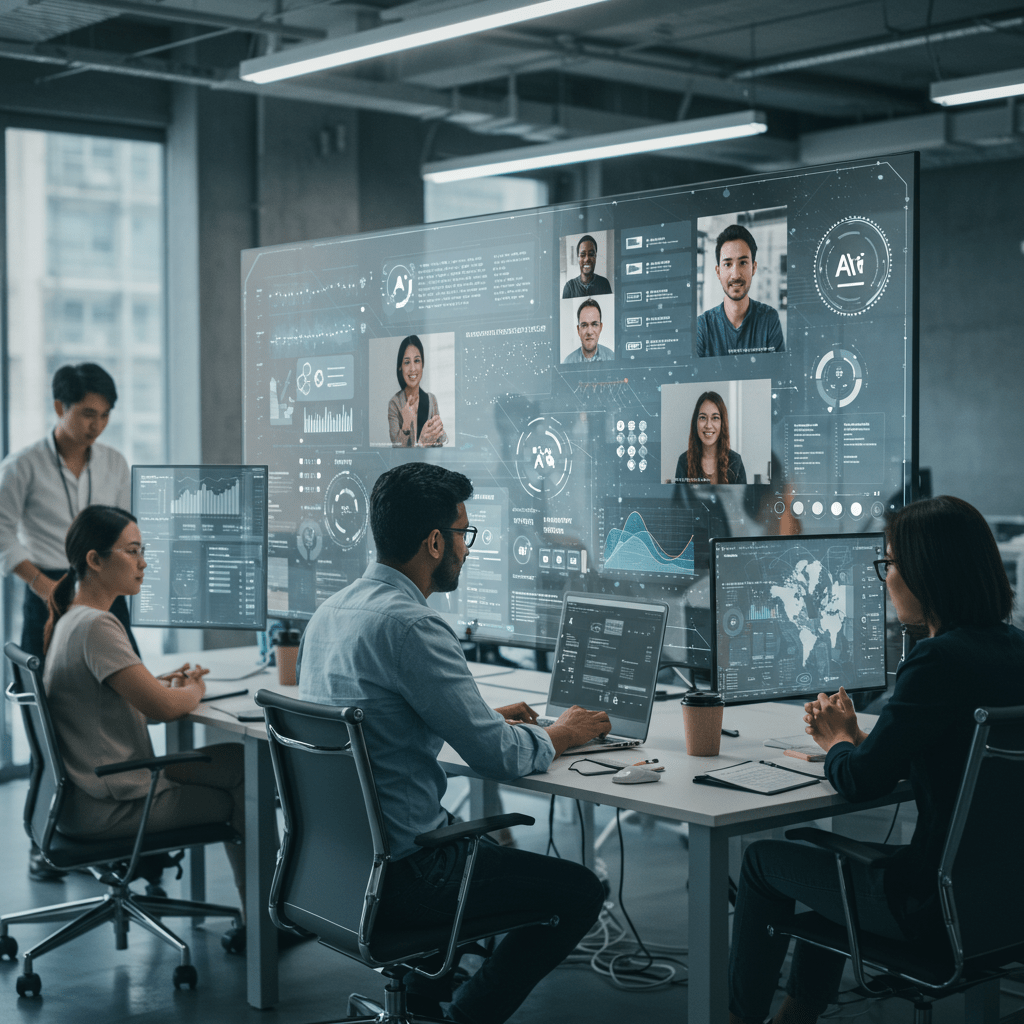 Diverse professionals collaborating with AI technology interfaces and digital recruitment analytics in a modern office environment representing AI-driven tech hiring and automation.