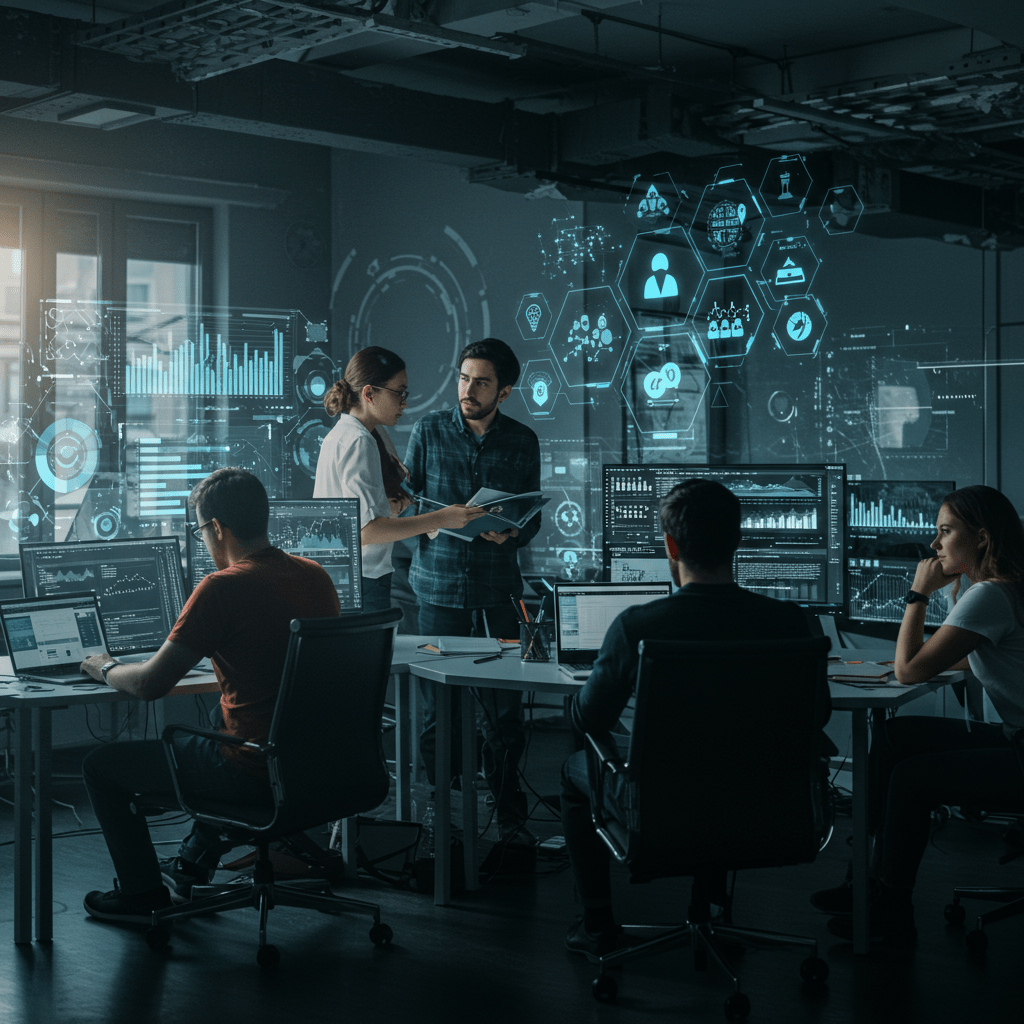 Diverse tech professionals collaborating in a modern office with digital data screens, representing resilience and crisis preparedness in UK startup tech teams