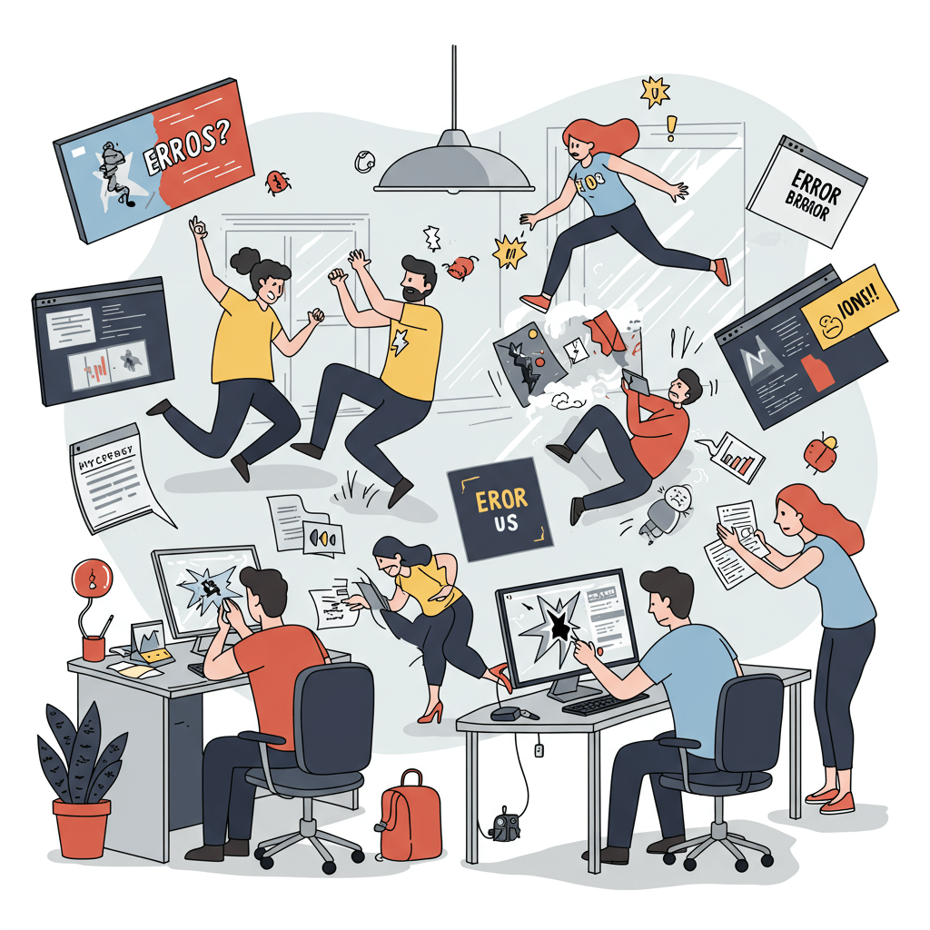 Humorous chaotic office scene with diverse UK startup team handling multiple technology failures like computer crashes and software bugs in a modern workspace.