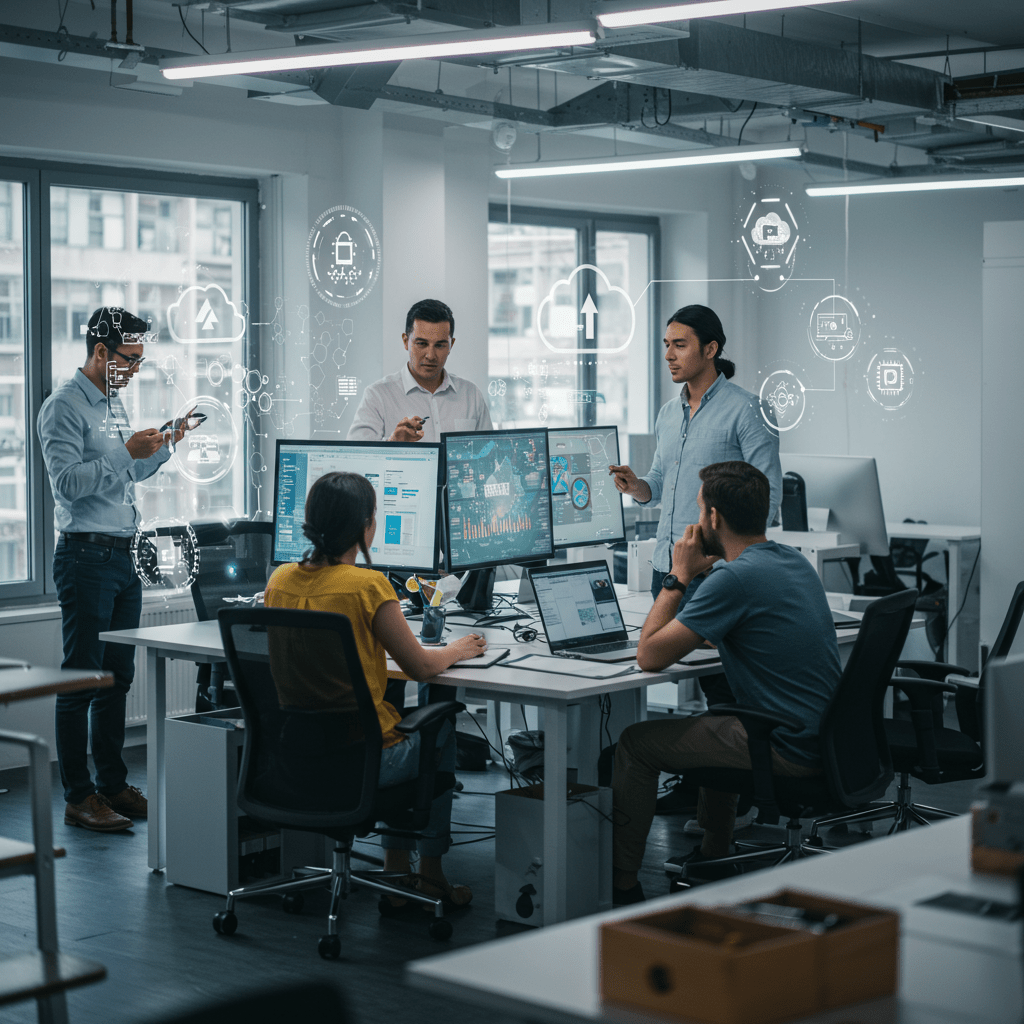 Diverse professionals collaborating in a modern office with digital technology screens, symbolizing innovation and digital transformation leadership in a startup environment