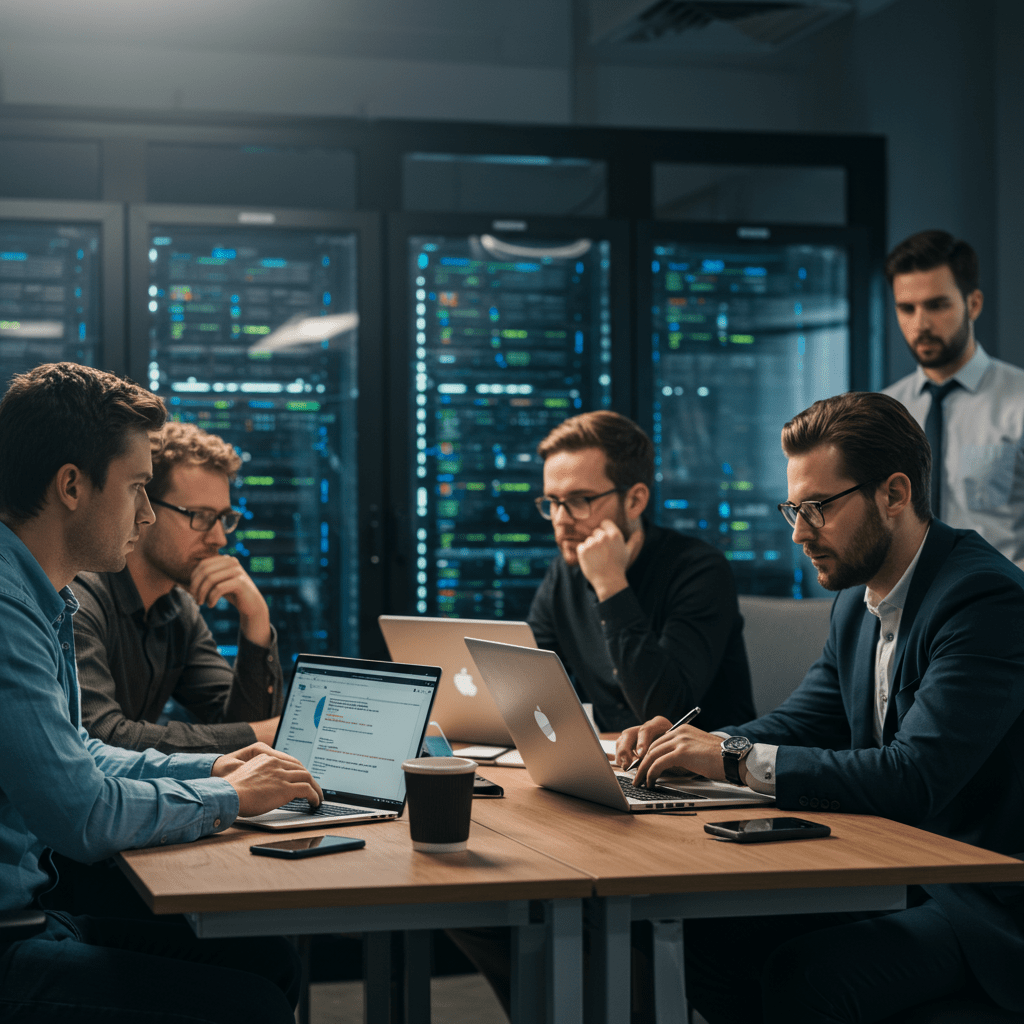 Diverse tech professionals collaborating in a modern UK startup office, symbolising interim CTO leadership and tech crisis recovery.