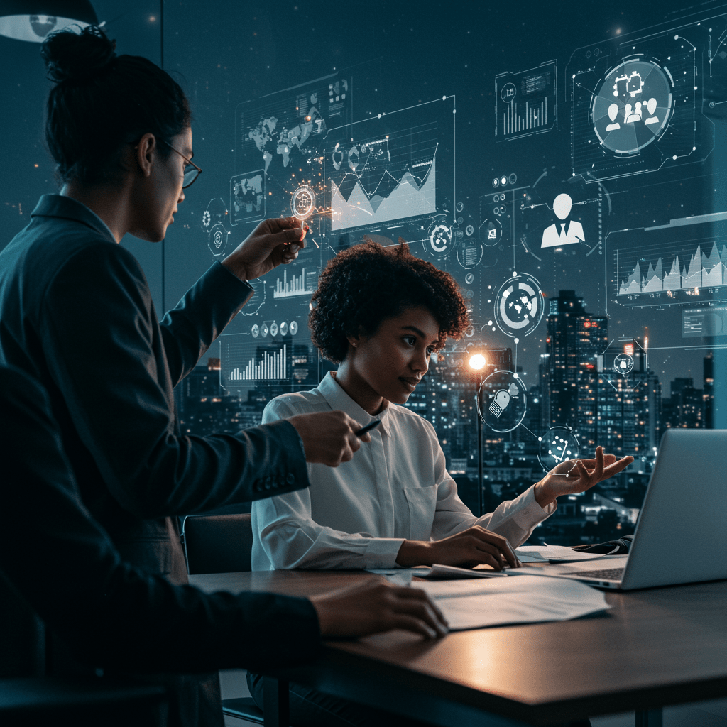 Diverse UK startup founders collaborating with AI technology and digital data analytics in a modern business environment symbolising growth and innovation