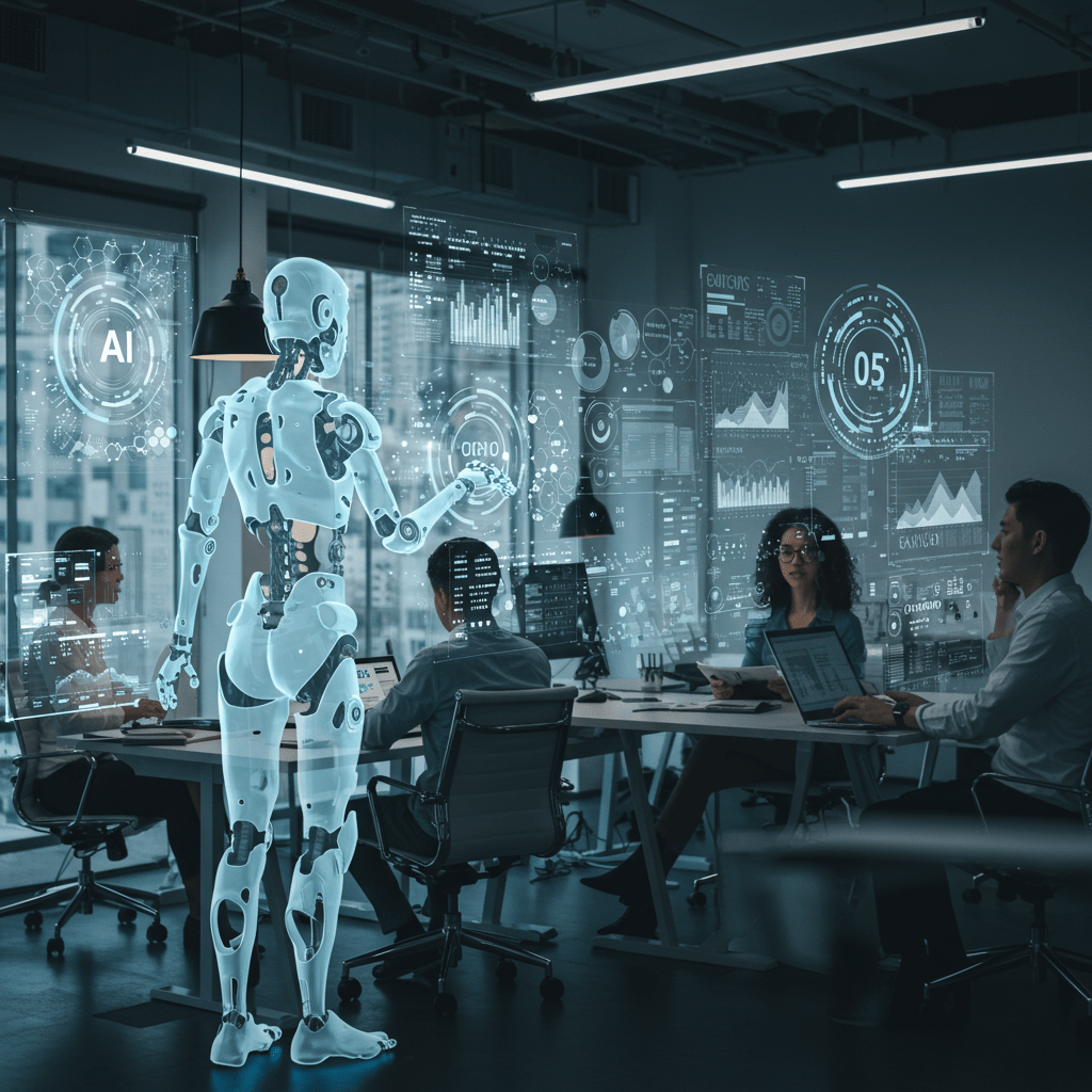 Futuristic business environment with AI agents and diverse professionals collaborating in a modern office, symbolising AI-driven business growth and innovation