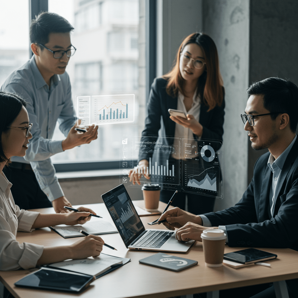 Diverse professionals collaborating in a modern office with laptops and digital charts, representing scalable growth and integrated technology leadership
