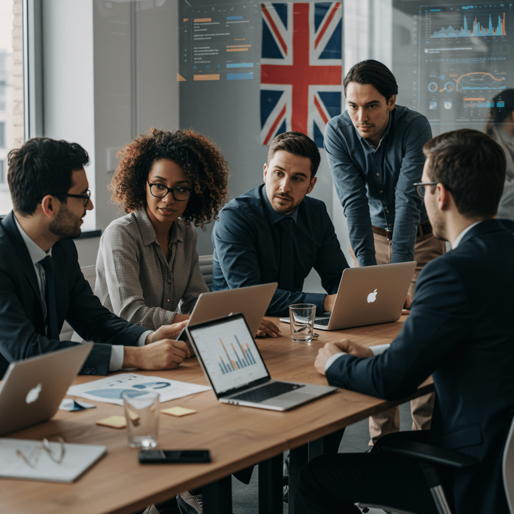 Diverse group of startup founders and a fractional CTO collaborating in a modern UK office setting with technology and strategy elements