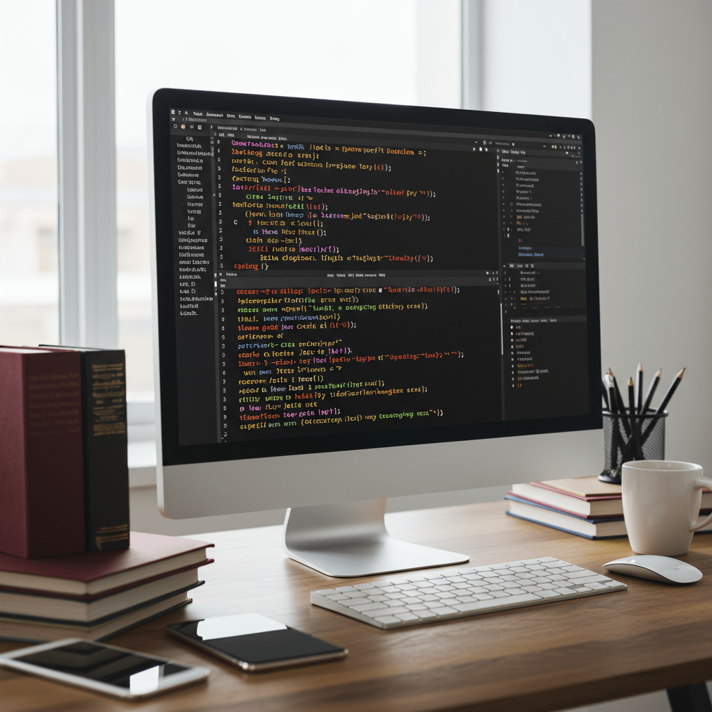Modern workspace with computer screen showing C# code, coding books, coffee cup, and tech gadgets symbolising software development and best practices in 2024 for UK startups