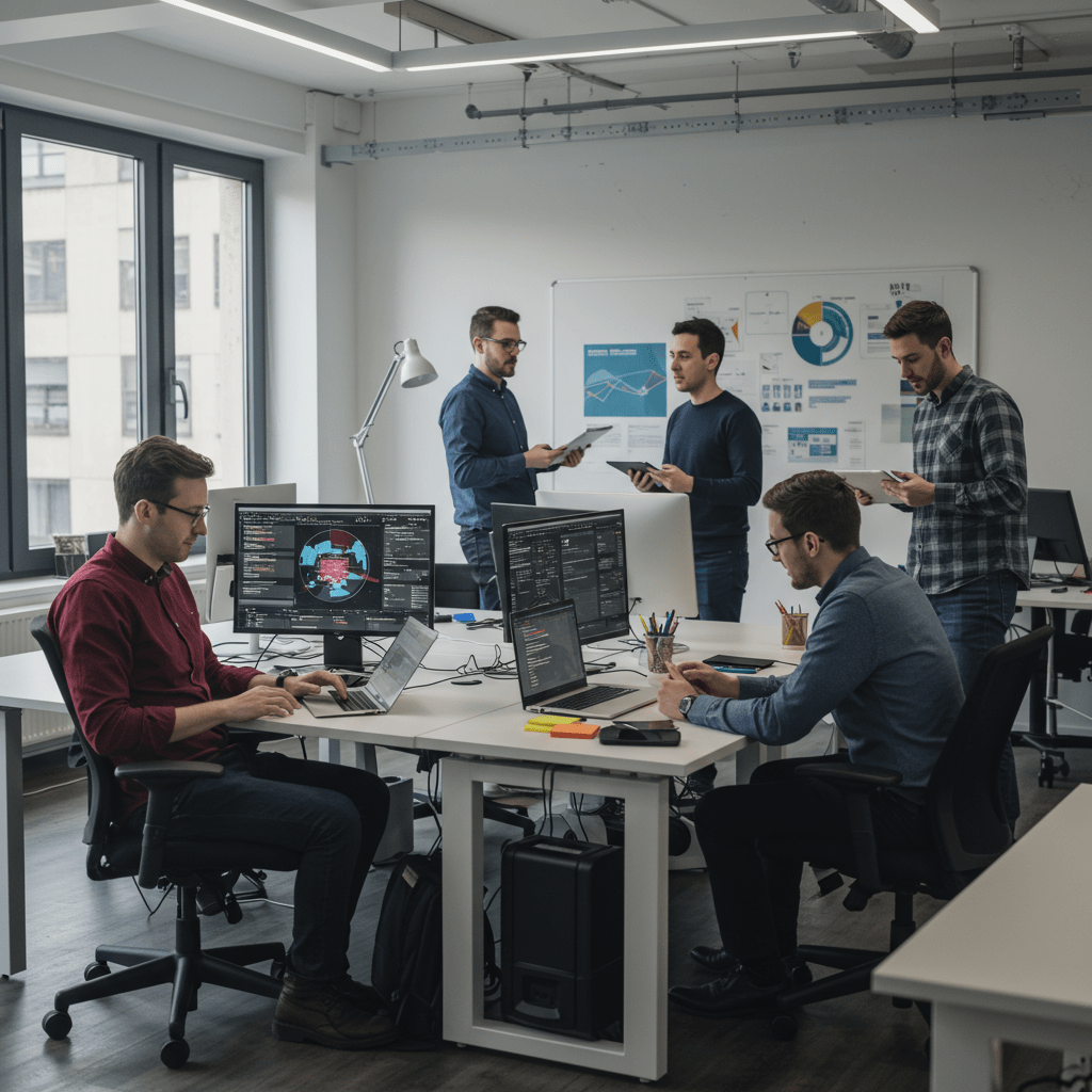 Diverse professionals collaborating in a modern office setting with digital devices, representing tailored CTO services for UK startups across FinTech, HealthTech, E-commerce, and SaaS industries.