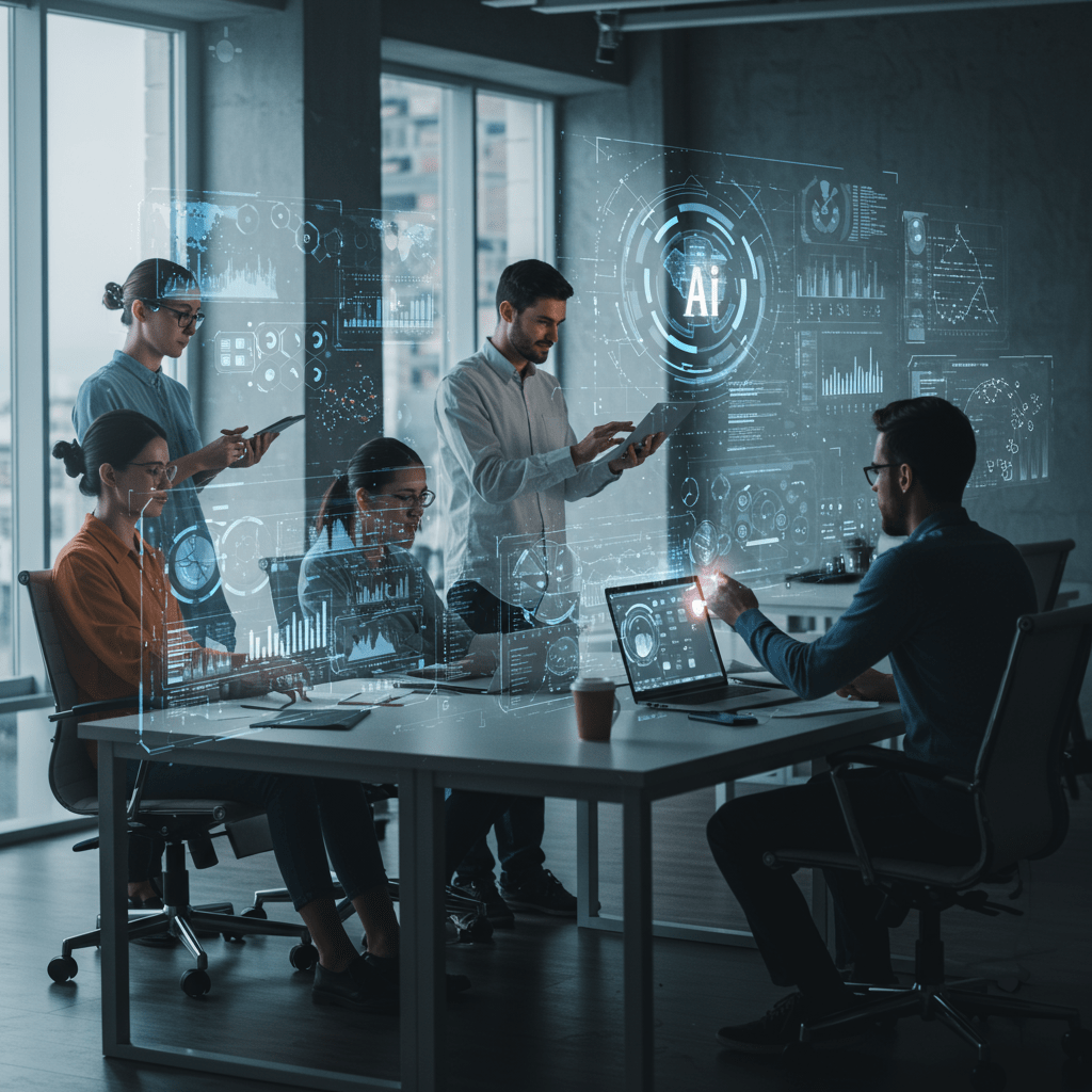 A futuristic office environment with a diverse team collaborating using AI technology and digital data overlays symbolising AI-powered crisis management and tech leadership in a startup setting
