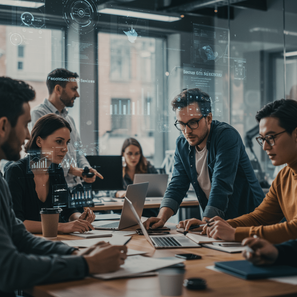 A diverse group of professionals collaborating in a modern office environment, focusing on technology and innovation, with digital devices and charts in the background, representing fractional CTO services and startup success in the UK