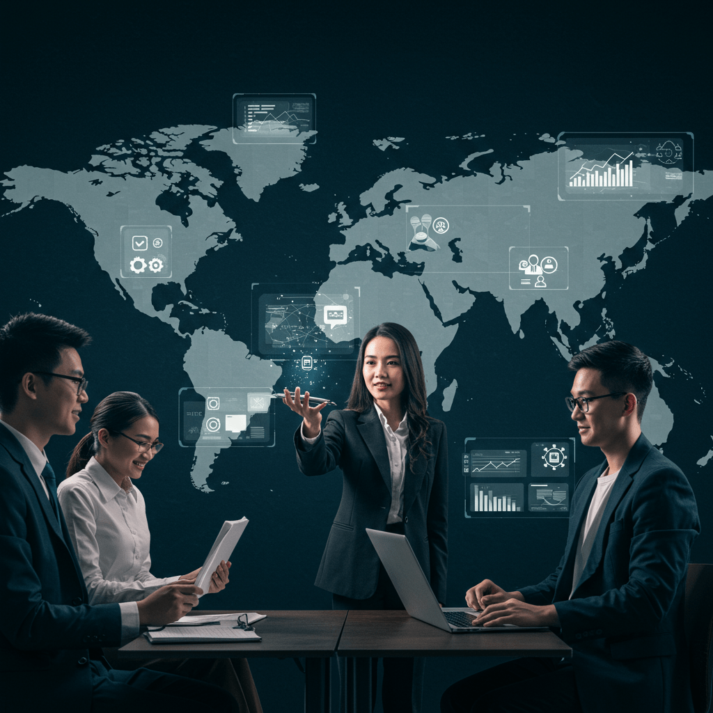Diverse remote workers collaborating through AI technology with digital task management and global connectivity background