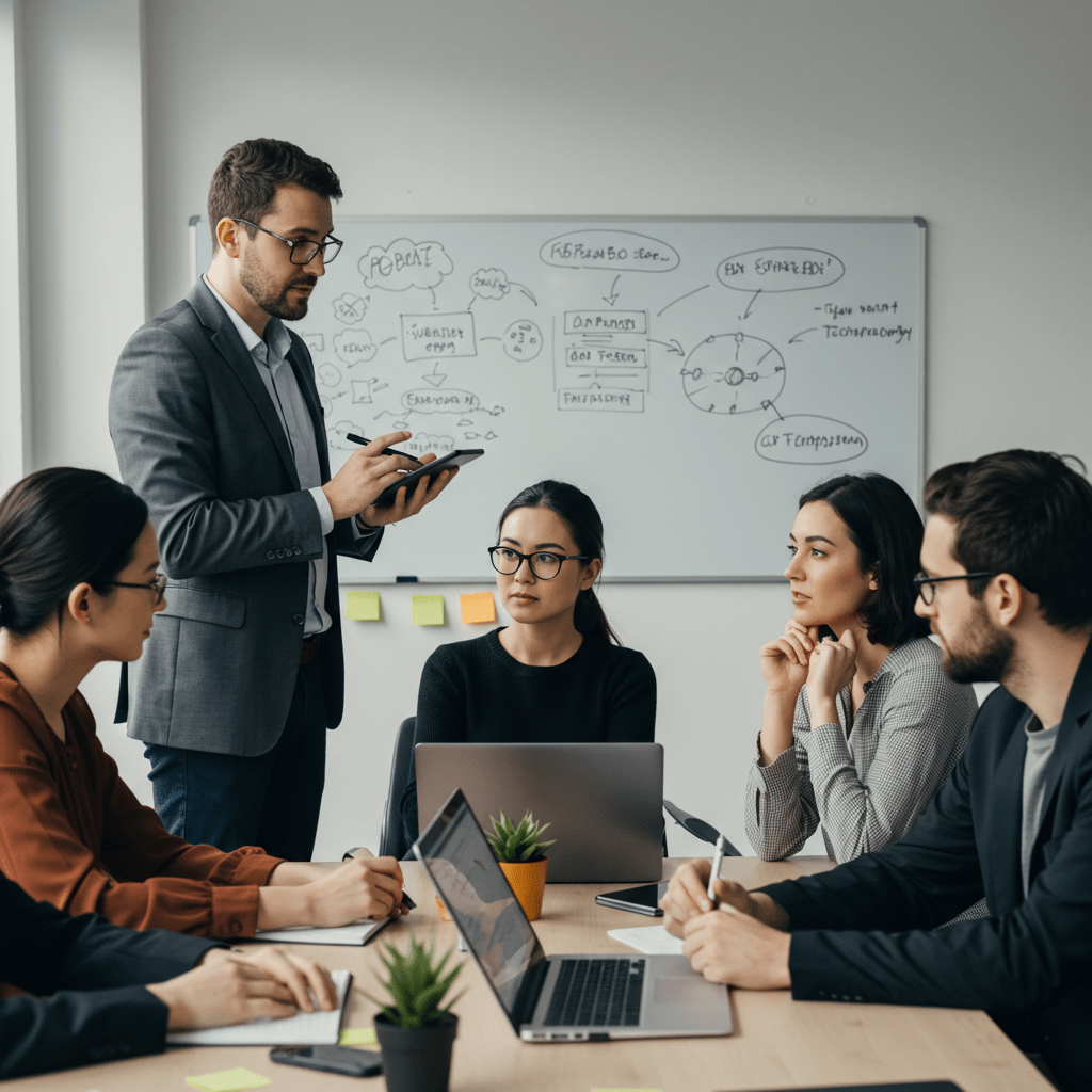 Diverse startup team collaborating with a CTO in a modern office, discussing technology strategy and innovation.