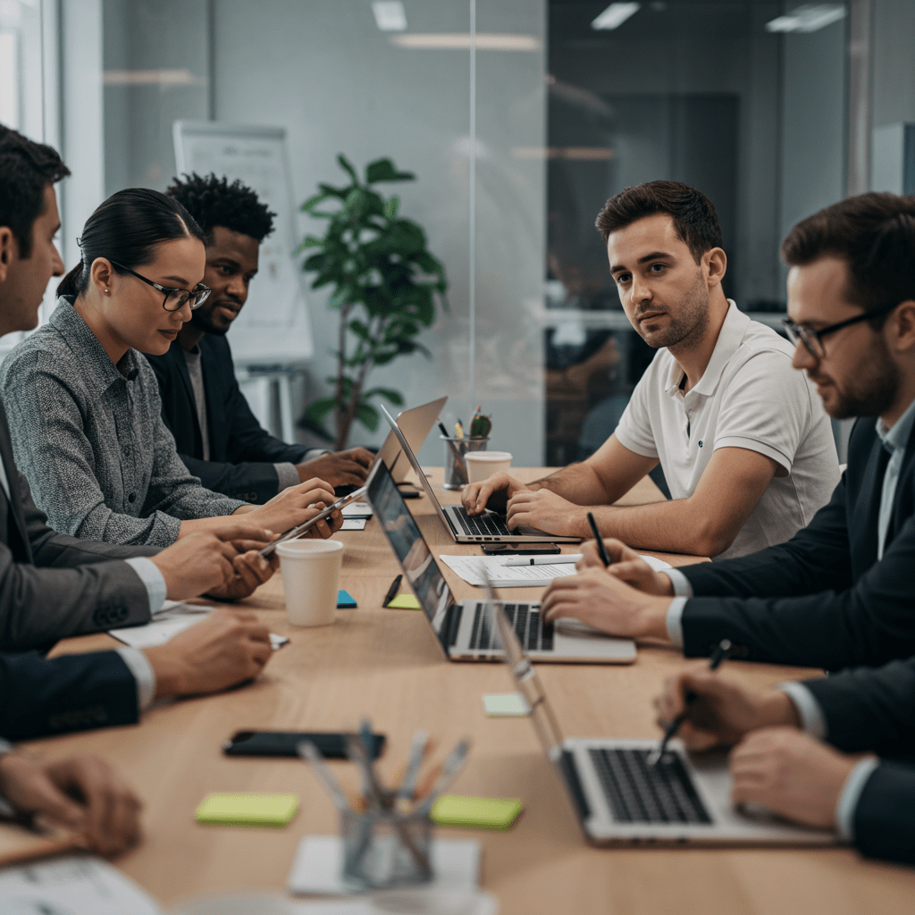 Diverse startup team collaborating in a modern office with laptops, symbolising technology leadership and innovation in a UK startup environment