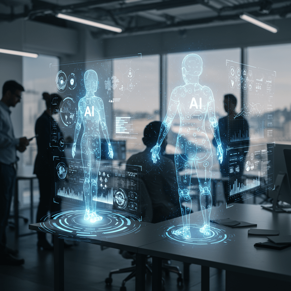 Futuristic office environment with AI agents as holographic figures working alongside digital interfaces, symbolising workforce automation and AI replacing human employees efficiently.