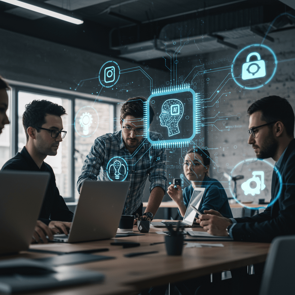 Diverse professionals collaborating in a modern office with digital AI elements symbolising AI-driven recruitment and fractional CTO leadership for UK tech teams