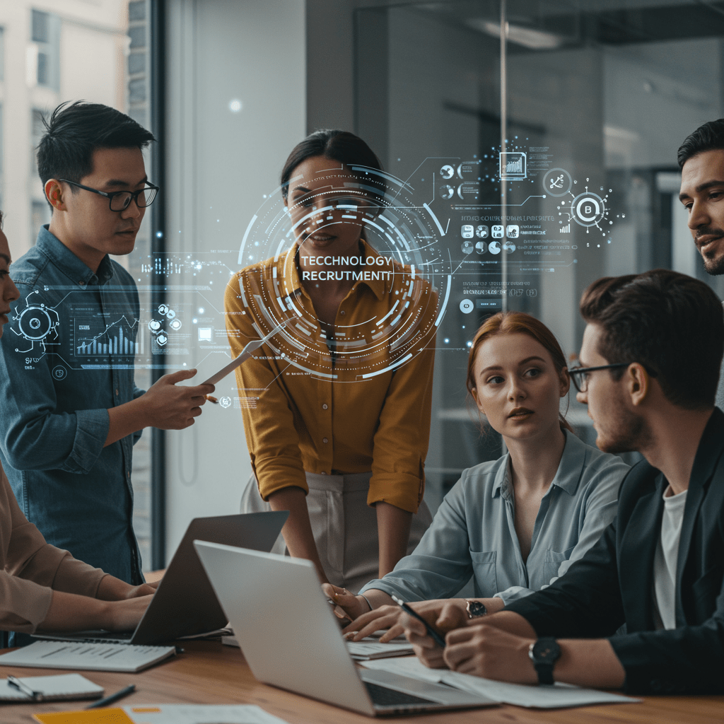 A diverse group of professionals collaborating in a modern office with digital AI elements and futuristic tech visuals, symbolising AI-driven recruitment and CTO advisory for UK startups