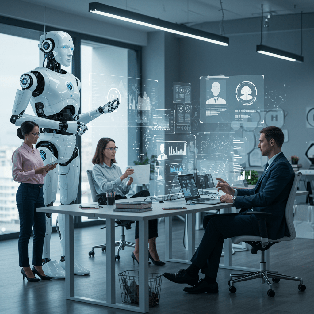 Futuristic office with AI robots and human professionals collaborating in recruitment, digital interfaces showing candidate profiles and data analytics, representing AI agents transforming hiring for startups and growing businesses