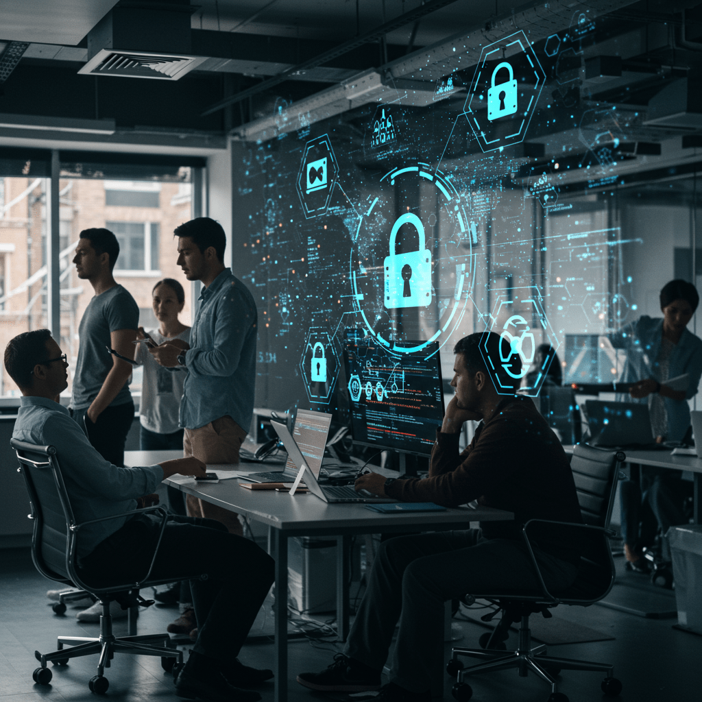 Diverse tech professionals collaborating in a modern office with digital screens showing data and cybersecurity icons, representing resilience and crisis management in the UK tech industry