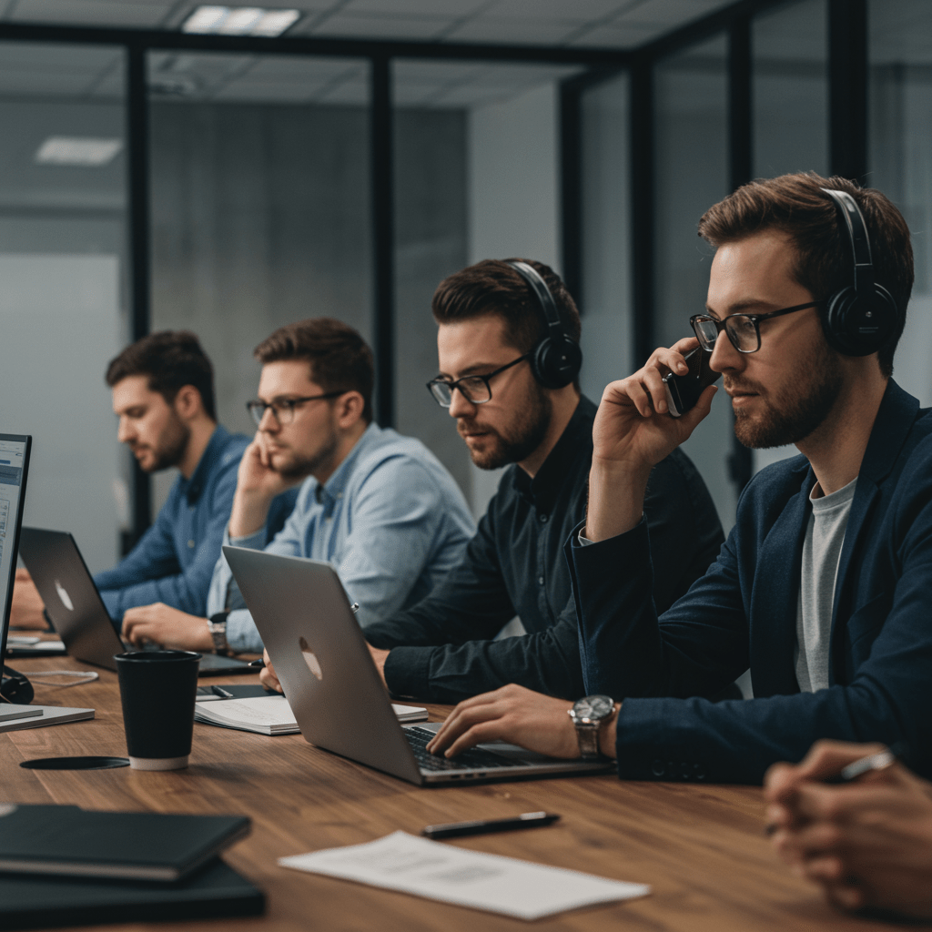 A diverse team of CTOs and staff in a UK startup office collaborating intensely during a tech crisis, using laptops and digital communication tools to manage crisis communication and leadership.