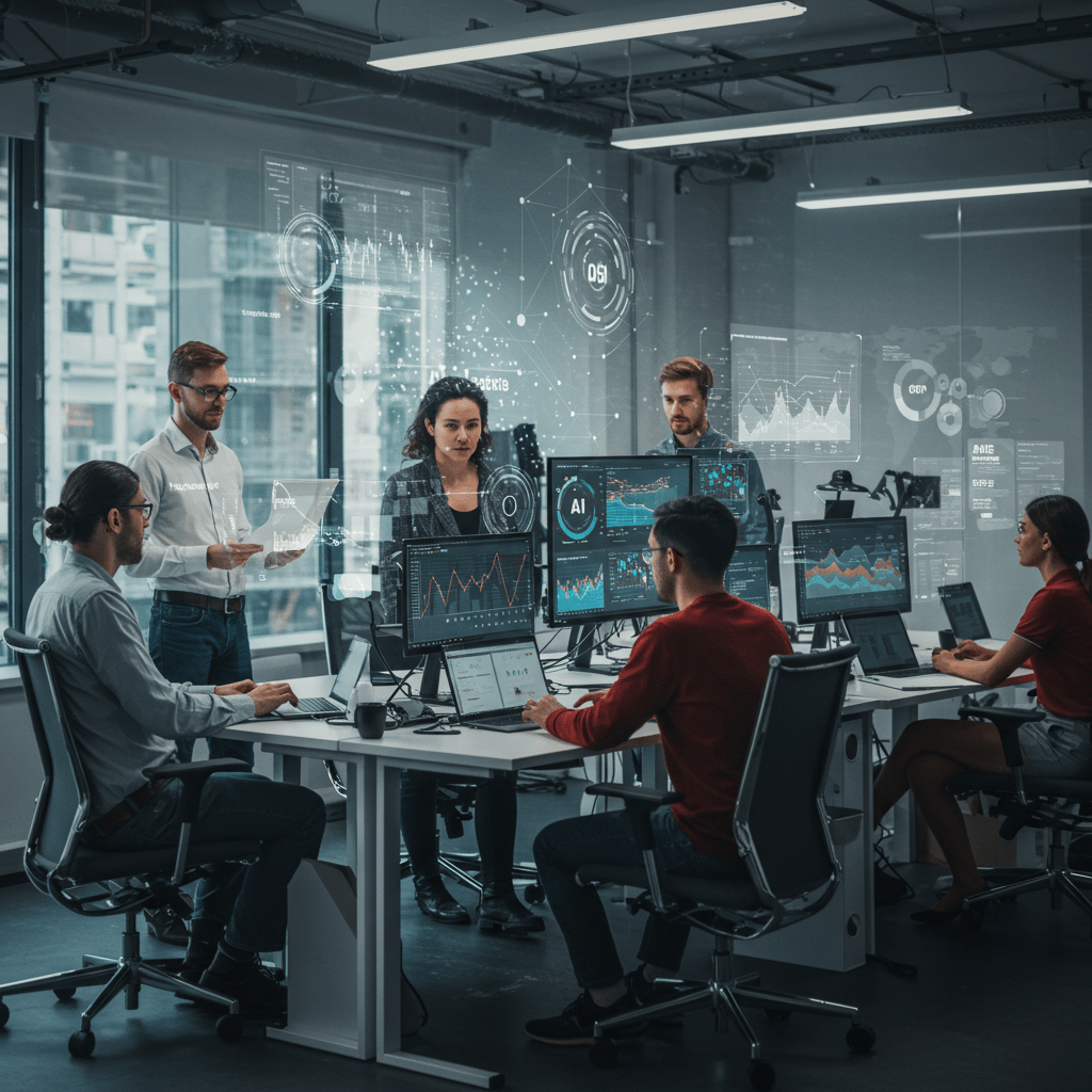 Diverse UK startup team collaborating with AI technology and data analytics in a modern office environment for crisis management
