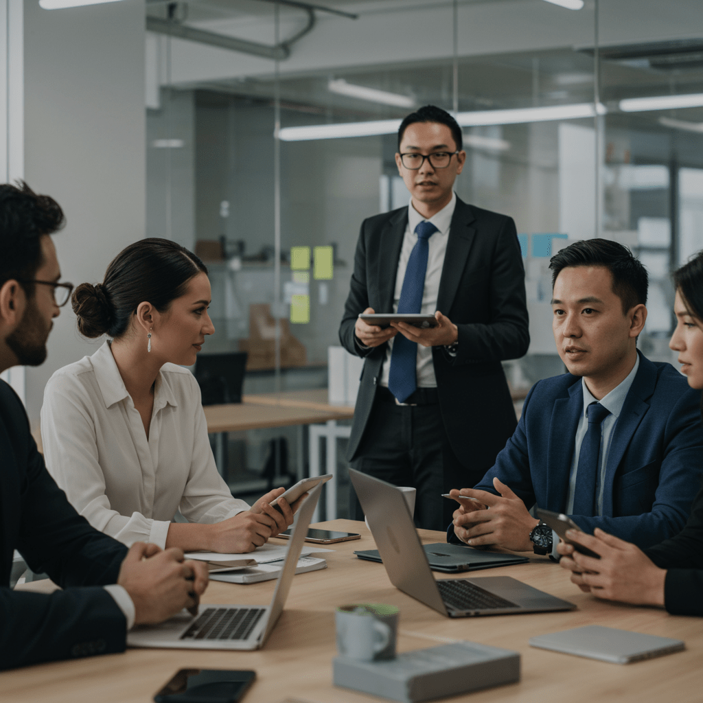 Diverse group of UK startup and SME leaders collaborating with a CTO advisor in a modern office setting, symbolising technology strategy and innovation.
