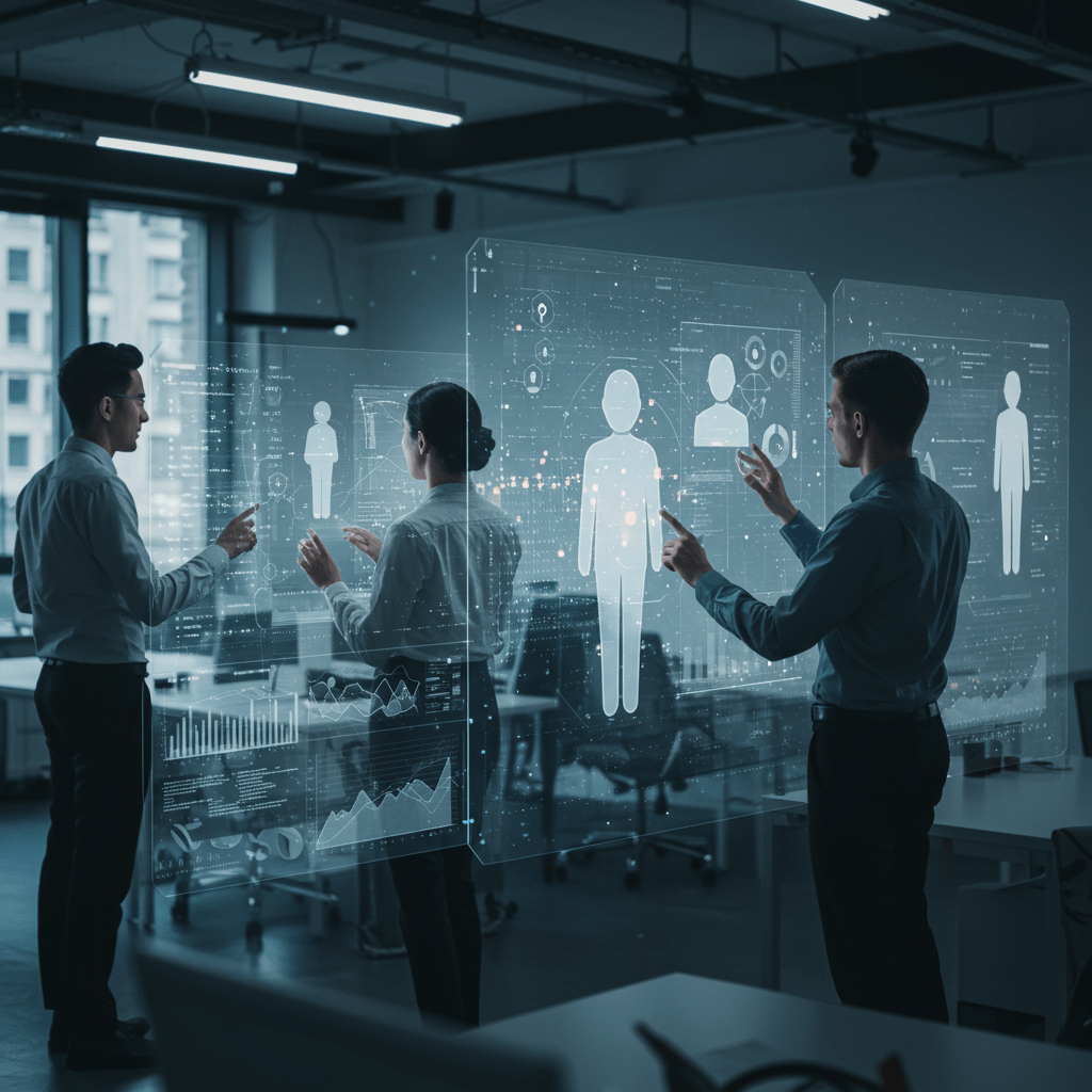 Diverse professionals interacting with AI technology in a futuristic office, symbolising AI-driven recruitment and hiring automation with digital data analytics and candidate assessment visuals.