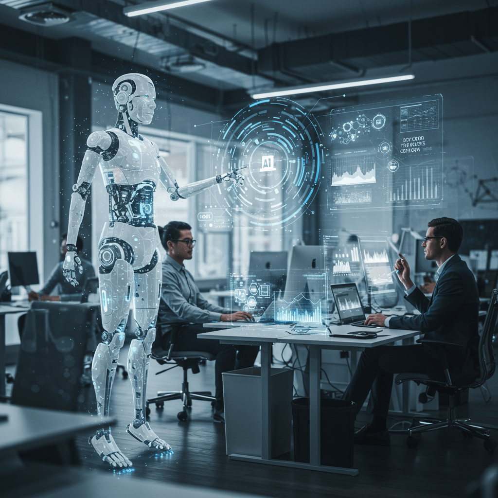 Futuristic office with AI agents and human employees collaborating, highlighting AI-driven recruitment and workforce management innovation