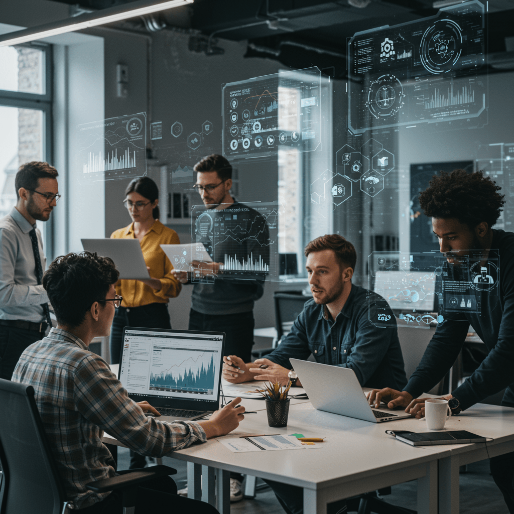 Diverse professionals collaborating in a modern office with digital technology elements symbolising scalable tech leadership and fractional CTO services in the UK