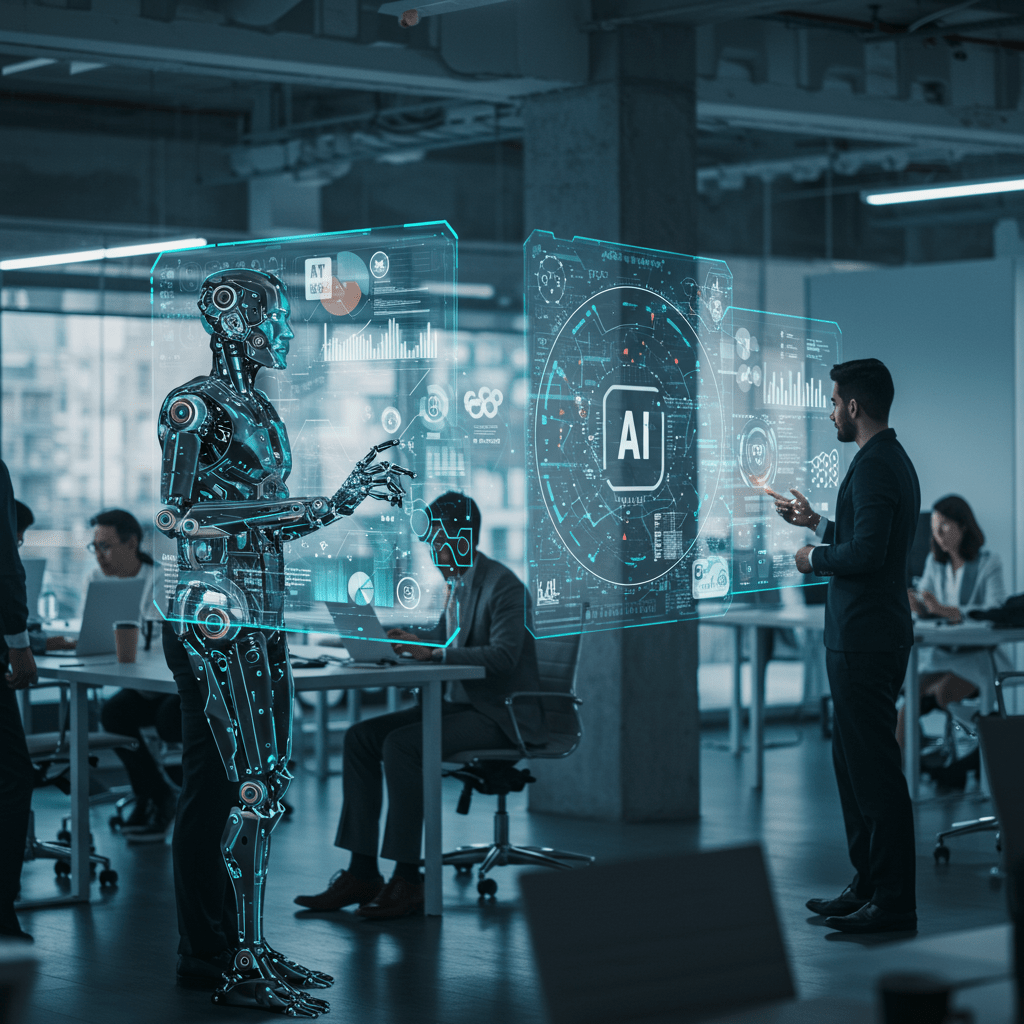 Futuristic business environment with AI agents interacting with digital interfaces, professionals collaborating with AI technology in a modern office, symbolising intelligent automation and CTO leadership.