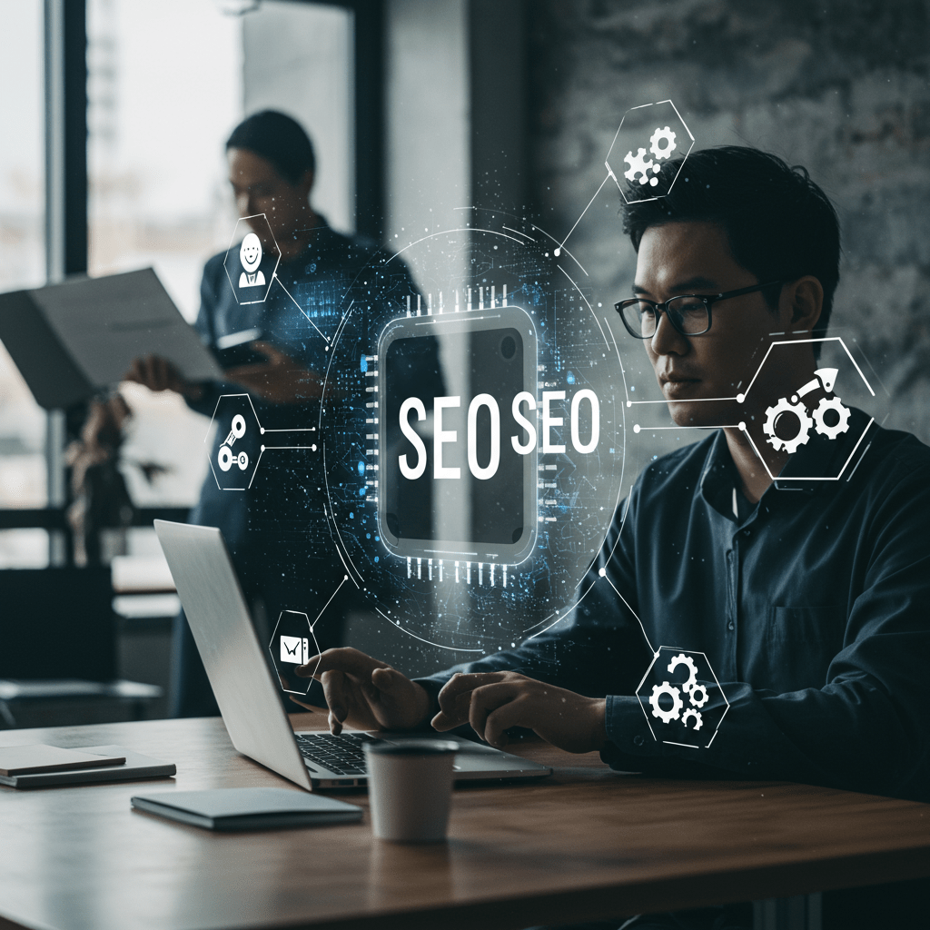 Futuristic digital marketing scene with AI agents working on SEO blog writing, business growth graph, keyword icons, and diverse professionals collaborating in a modern office environment