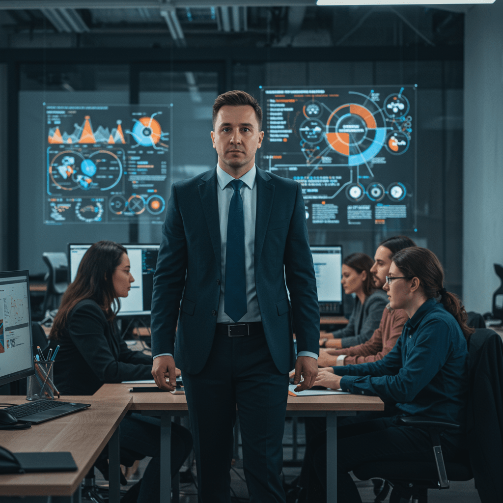 A confident interim CTO leading a diverse tech team in a modern startup office, with digital screens showing crisis management and technology strategy, symbolising resilience and leadership in a UK startup environment