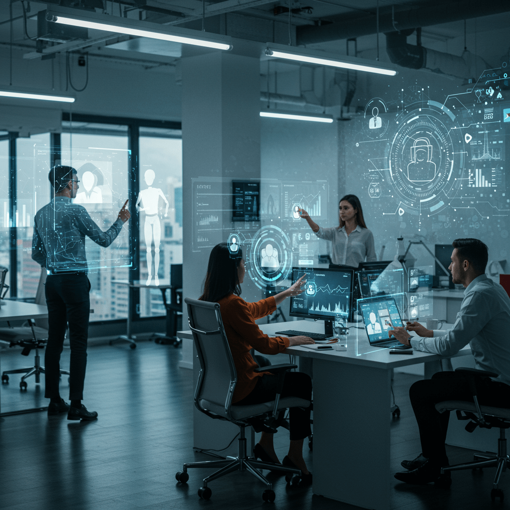 Futuristic office with diverse professionals and AI technology assisting recruitment processes