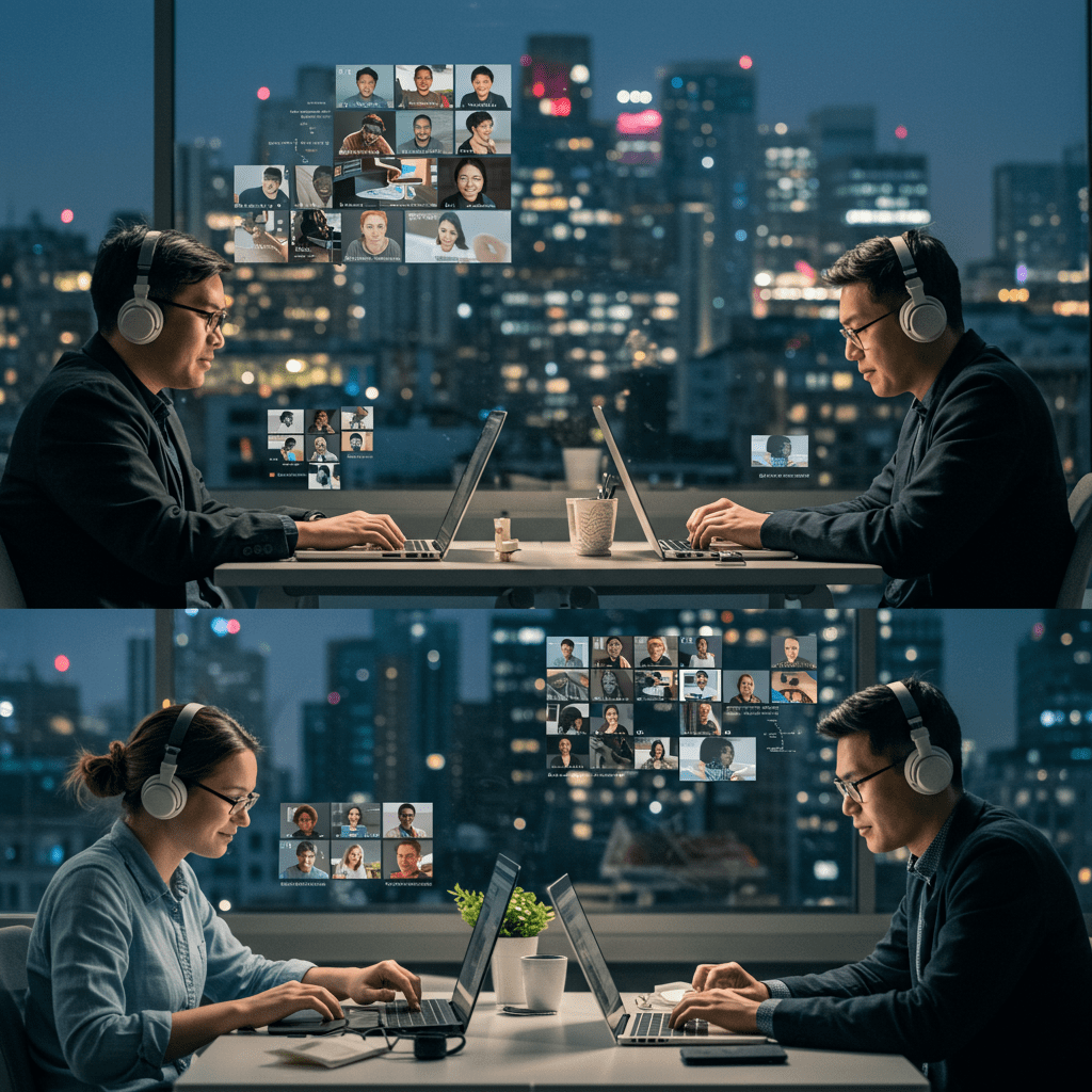 Diverse remote tech professionals collaborating virtually with a UK city skyline in the background, representing remote leadership and innovation for startups and SMEs
