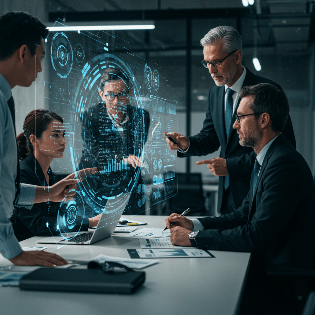 Diverse technology leaders collaborating in a modern office with digital interfaces symbolising crisis management and strategic tech planning